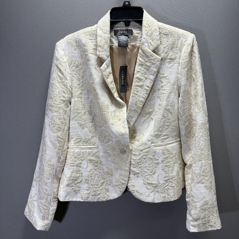 George By Mark Eisen Y2K Blazer Suit Jacket, Cream Gold Metallic Threads 14 NWT